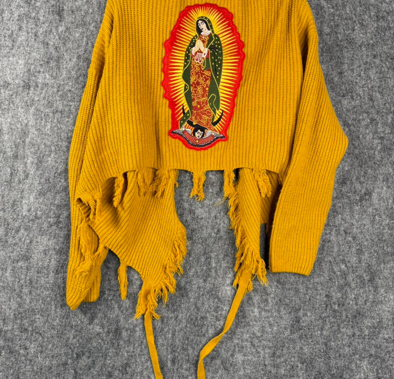 Le Lis Women Cargidan Large Chunky Knit Virgin of Guadalupe Embroidered Iron-On