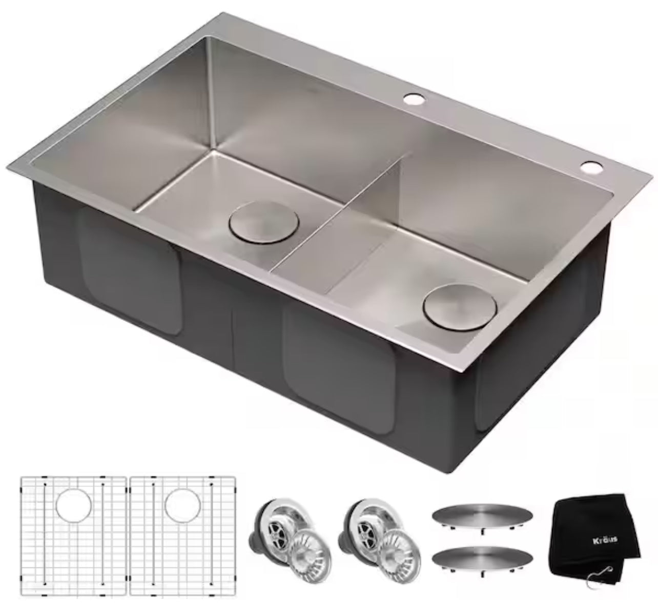 KRAUS 33 x 22 inch Standart PRO Drop-In/Undermount 16 Gauge Double Bowl 2-Hole Stainless Steel Kitchen Sink