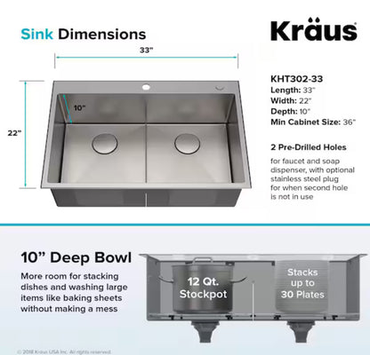 KRAUS 33 x 22 inch Standart PRO Drop-In/Undermount 16 Gauge Double Bowl 2-Hole Stainless Steel Kitchen Sink