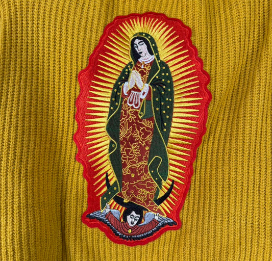 Le Lis Women Cargidan Large Chunky Knit Virgin of Guadalupe Embroidered Iron-On