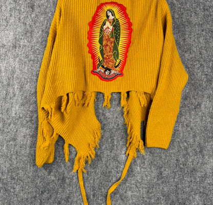 Le Lis Women Cargidan Large Chunky Knit Virgin of Guadalupe Embroidered Iron-On