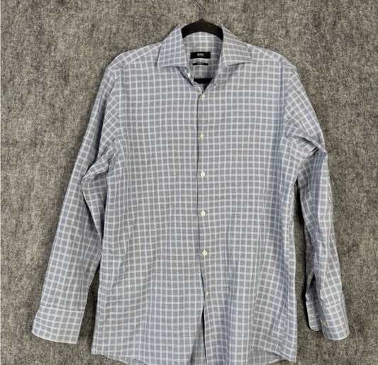 BOSS Men’s Sharp Fit Dress Shirt 15.5 32/33 Blue Check Pattern. Size M